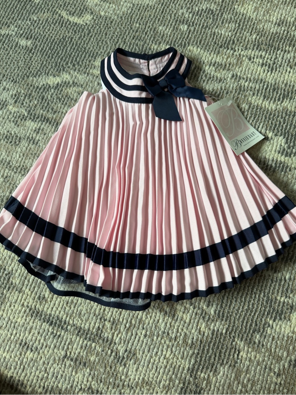 Bonnie Baby Pink Pleated Dress with Navy Trim and Bow